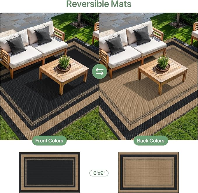 GENIMO 6' x 9' Outdoor Rug Waterproof for Patio Decor, Reversible Plastic Straw Area Rugs Mat for Camper, Outside Carpet for Rv, Deck, Porch, Picnic, Balcony, Mix-Black & Brown