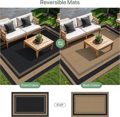GENIMO 6' x 9' Outdoor Rug Waterproof for Patio Decor, Reversible Plastic Straw Area Rugs Mat for Camper, Outside Carpet for Rv, Deck, Porch, Picnic, Balcony, Mix-Black & Brown