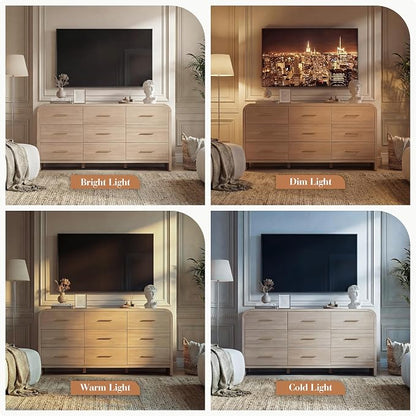 Curved 9-Drawer Dresser for Bedroom, 63" Wide Modern Chest of Drawers, Vanity Desk TV Stand for Living Room, Closet Storage Drawers Organizer Furniture, Nursery, Hallway, Grey Oak