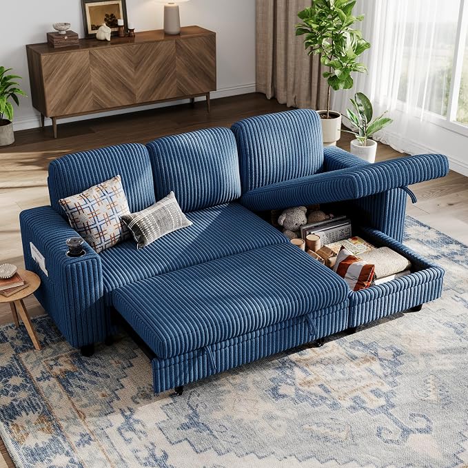 LINSY HOME Sectional Sleeper Sofa with Pull Out Couch Bed Convertible Plush Corduroy Cloud Couch with Storage Chaise & USB Charging, Comfy L Shaped Modular Couches for Living Room Apartment (Blue)