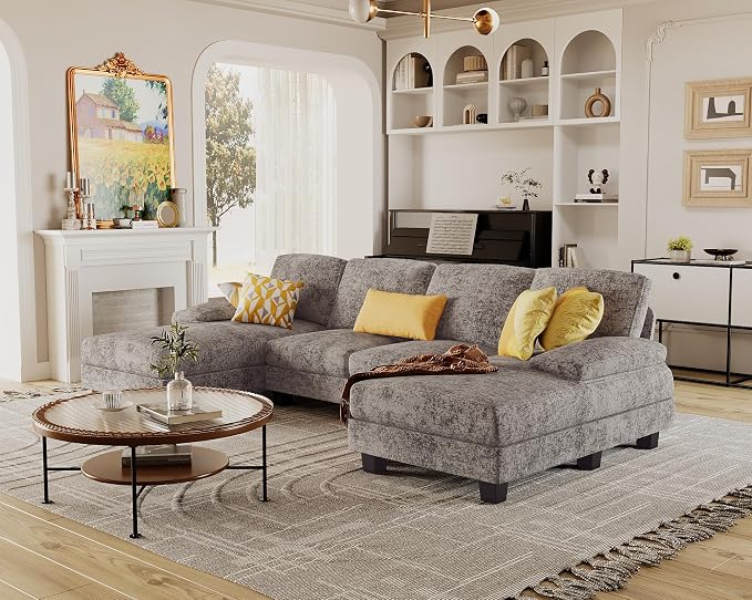 Furmax Sectional Couches for Living Room, U-Shaped Sofa Couch with Linen Fabric, 4 Seat Sofa Set with Double Chaise for Apartment (Chenille, Grey)