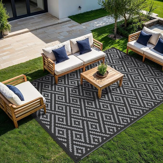 GENIMO Outdoor Rug Waterproof, 10' x 10' Reversible Plastic Straw Rug, Lightweight Large RV Camping Mat for Patio, Deck, Camper, Balcony, Backyard, Picnic, Black & Gray
