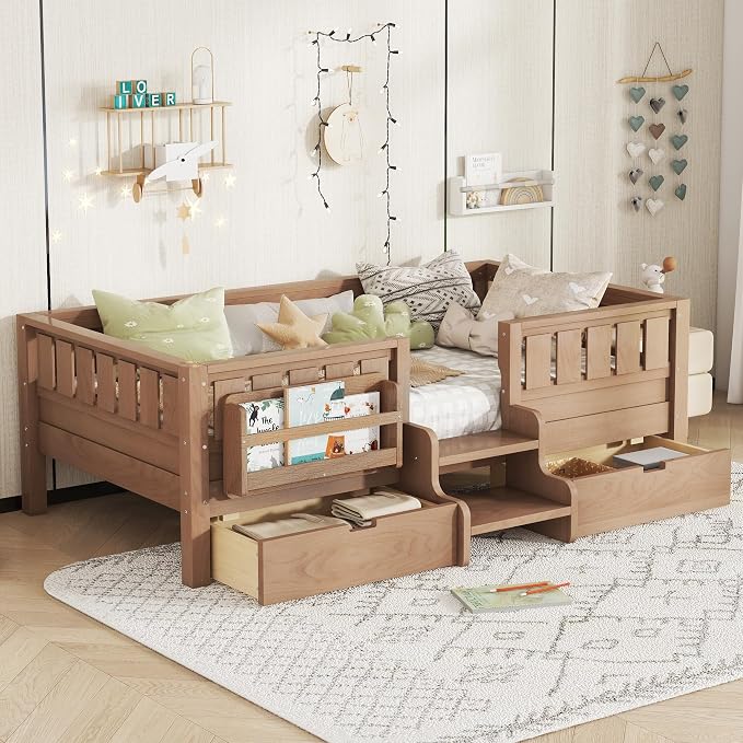 Bellemave Twin Kids Montessori Bed with Stairs, Bookshelf and Drawers, Solid Wood Kids Bed Frame with Storage for Boys Girls, Low Profile,Natural
