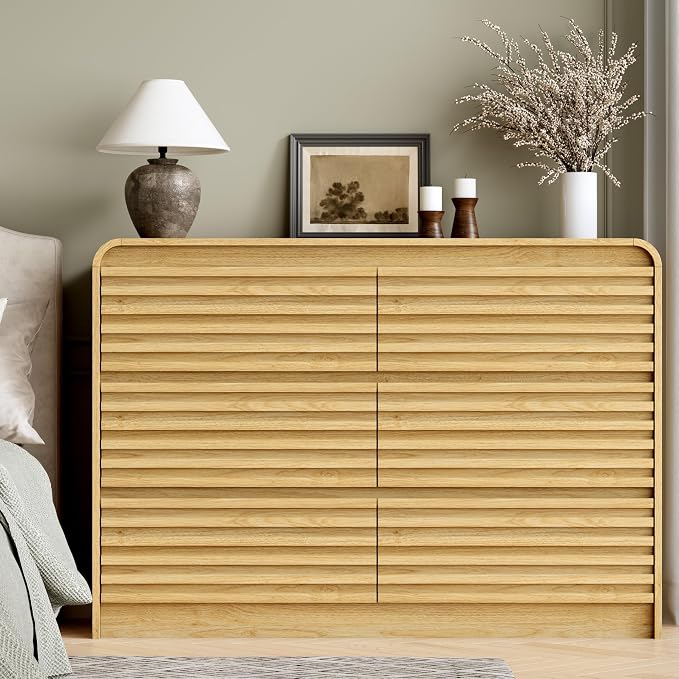 Dresser and Nightstand Sets for Bedroom, 3 Pcs Bedroom Set, Fluted 6 Drawer Dresser with Curved Profile and Night Stand Set of 2 with Charging Station, Wood Chest of Drawers, Natural Oak
