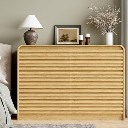 Dresser and Nightstand Sets for Bedroom, 3 Pcs Bedroom Set, Fluted 6 Drawer Dresser with Curved Profile and Night Stand Set of 2 with Charging Station, Wood Chest of Drawers, Natural Oak