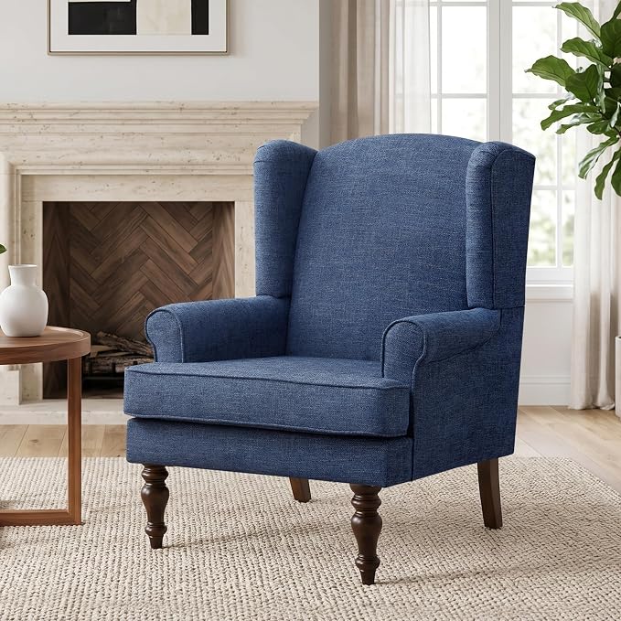 HUIMO Printed Wingback Accent Chair, Linen Upholstered High Back Armchair, Comfy Reading Chair for Living Room Bedroom Study, 300lbs Weight Capacity (1, Navy Blue)