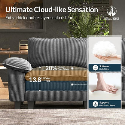 HERA'S HOUSE 88" Modular Sectional Sofa, L Shaped Couches for Living Room, Comfy Cloud Couch with Ottoman, 3-Seater Deep Seat Sofa with Throw Pillow, Corduroy Grey