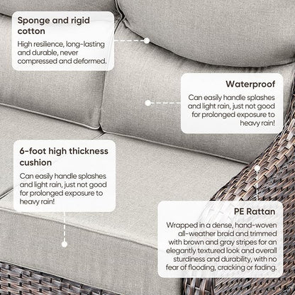 Luxury Patio Sofa 3-Seat Wicker Couch with 6" Thick Cushion - Outdoor Furniture Rattan Sofa with Deep Seating High Back Outdoor Sofa for Patio Garden Balcony Sunroom Backyard, Brown | Beige