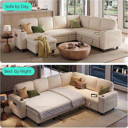 LINSY HOME Sectional Sofa with Pull Out Bed, 6 Seats Corduroy Reversible Sleeper Sofa with Storage Seats & Chaises, USB Ports, Cup Holders, Side Pocket, Sectional Couches for Living Room, Beige