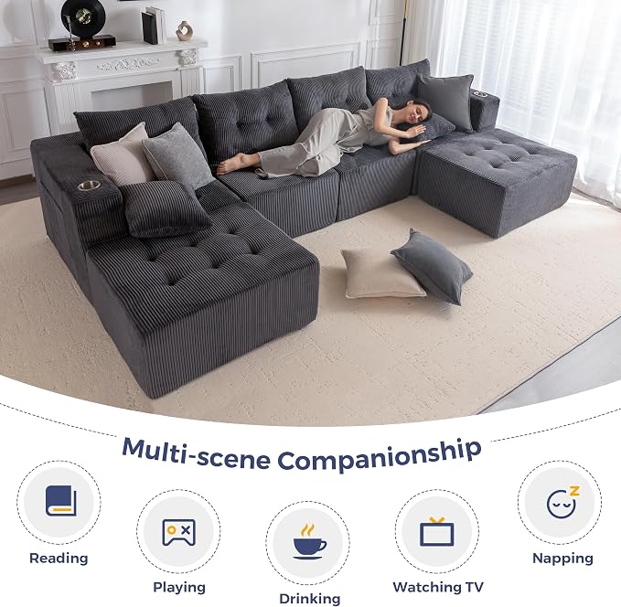 MAXYOYO 129.5" Modular Sectional Sofa Couch, U Shaped Modern Cloud Couch with 2 Ottomans, Sofa in A Box, Tufted 6-Seat Boneless Chair for Living Room, No Assembly Required, Grey