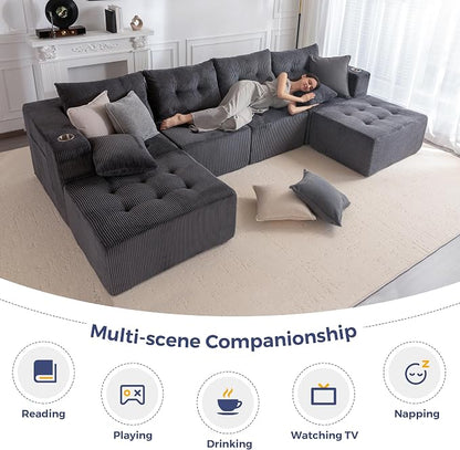 MAXYOYO 129.5" Modular Sectional Sofa Couch, U Shaped Modern Cloud Couch with 2 Ottomans, Sofa in A Box, Tufted 6-Seat Boneless Chair for Living Room, No Assembly Required, Grey