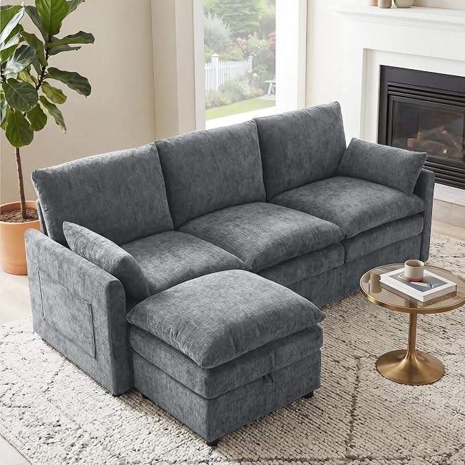 Iroomy 25" Chenille Ottoman, 9.5" Thick Cushion, Upholstered Footrest Modern Footstool & Bench for Living Room, Bedroom, Gray