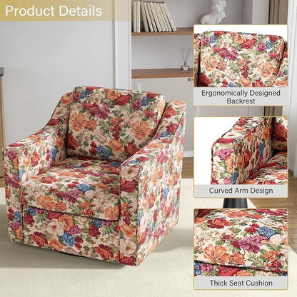 Swivel Accent Chairs Set of 2, 360° Swivel Upholstered Club Armchairs for Living Room, Comfy Fabric Single Sofa Reading Chair with Deep Seat, Metal Swivel Base, Beige Floral