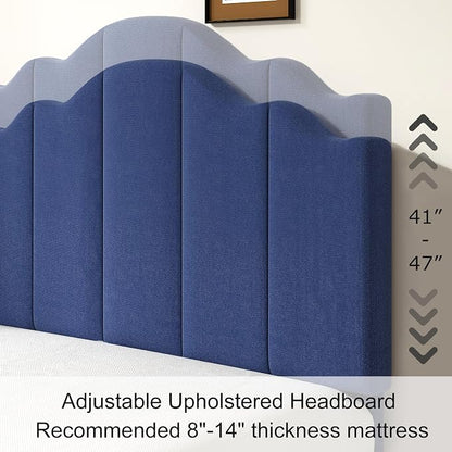 VECELO Full Size Upholstered Platform Bed Frame with Adjustable Headboard, Wood Slat Support and Noise-Free, No Box Spring Needed, Easy Assembly, Dark&Blue
