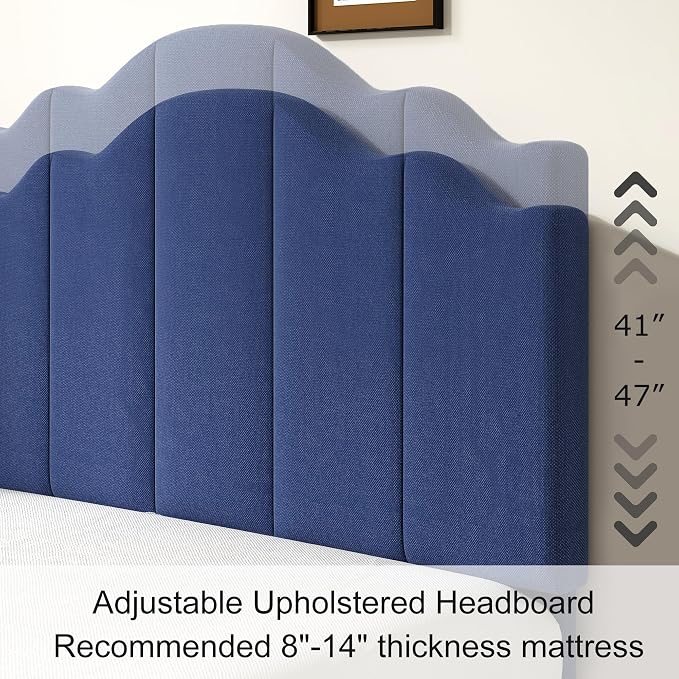 VECELO Queen Size Upholstered Platform Bed Frame with Adjustable Headboard, Wood Slat Support and Noise-Free, No Box Spring Needed, Easy Assembly, Dark&Blue