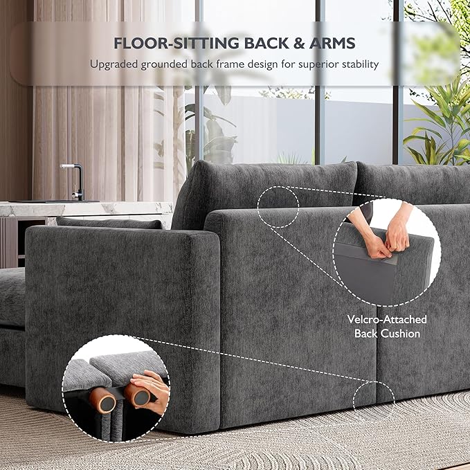 Ihanherry 117" Oversized Modular Sectional Sofa, Modern L Shaped Cloud Couch with Storage Ottoman, 4-Seat Comfy Chenille Deep Seat Sofa with 2 Pillows for Living Room, Grey