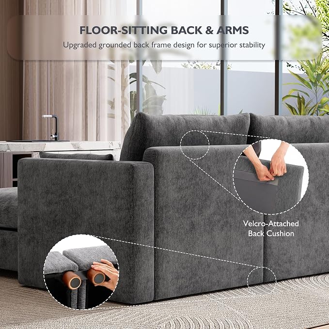 Ihanherry 111" Oversized Modular Sectional Sofa, Modern V Shaped Cloud Couch with Storage Ottoman, 6-Seat Comfy Chenille Deep Seat Sofa with 2 Pillows for Living Room, Grey