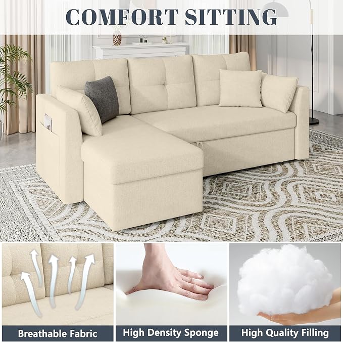 Huatean Home Sleeper Sofa Couch, 2 in 1 Pullout Couch Bed with Storage Chaise, Sectional Sleeper Sofa Bed with Side Pocket for Living Room, Beige
