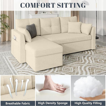 Huatean Home Sleeper Sofa Couch, 2 in 1 Pullout Couch Bed with Storage Chaise, Sectional Sleeper Sofa Bed with Side Pocket for Living Room, Beige