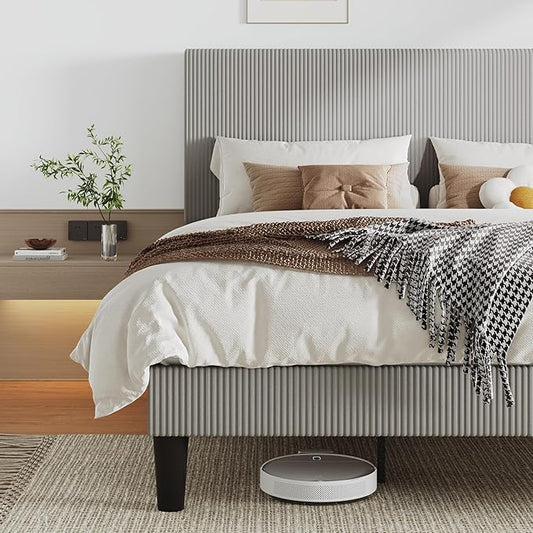 Allewie King Size Upholstered Bed Frame with Vertical Channel Tufted Headboard, Soft Corduroy Fabric Platform Bed, Strong Wooden Slats Support, Easy Assembly, No Box Spring Needed, Light Grey