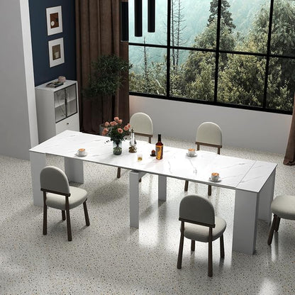 Transformer Dining Table for 12, 118” Expandable Marble Dining Room Table, Space Saving Console to Dining Table Marble & White