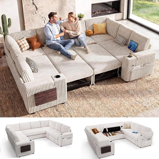 WEUP 111" Modular Sectional Sleeper Sofa with Pull Out Bed, 8 Seat Plush Corduroy U Shaped Couch with USB Ports|Cup Holders|Side Table|Storage Chaise Armrests Tool Free Assembly, Beige