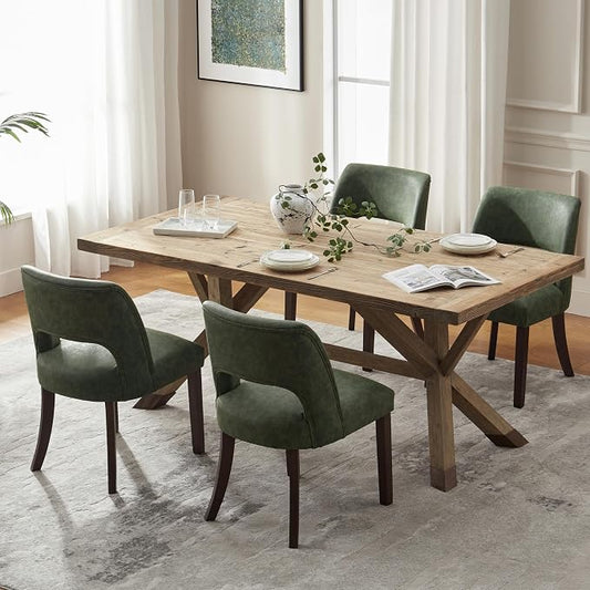 VKNOW Modern Dining Chairs Set of 4 with Rubberwood Legs, Green | Faux Leather, Curved Back, For family, Kitchen Dining Room Restaurant Reception Room, No wobble, 80% pre-installed