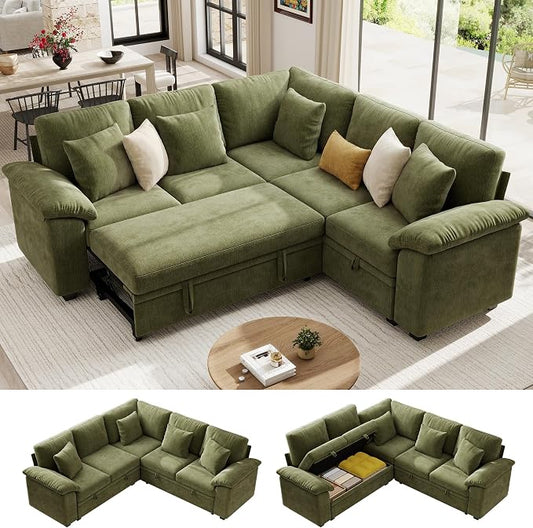 Ihanherry 86" Modular Sectional Sofa with Pull Out Bed, 5-Seater L Shaped Sectional Sleeper Couch with Storage, Chenille Convertible Couches for Living Room, Apartment (Green)