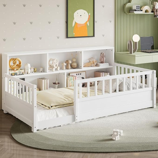 Bellemave Twin Size Montessori Floor Bed with Bookcase, Twin Floor Bed with Rails and Storage Shelves, Easy Assemble Montessori Beds Frame for Girls, Boys, White