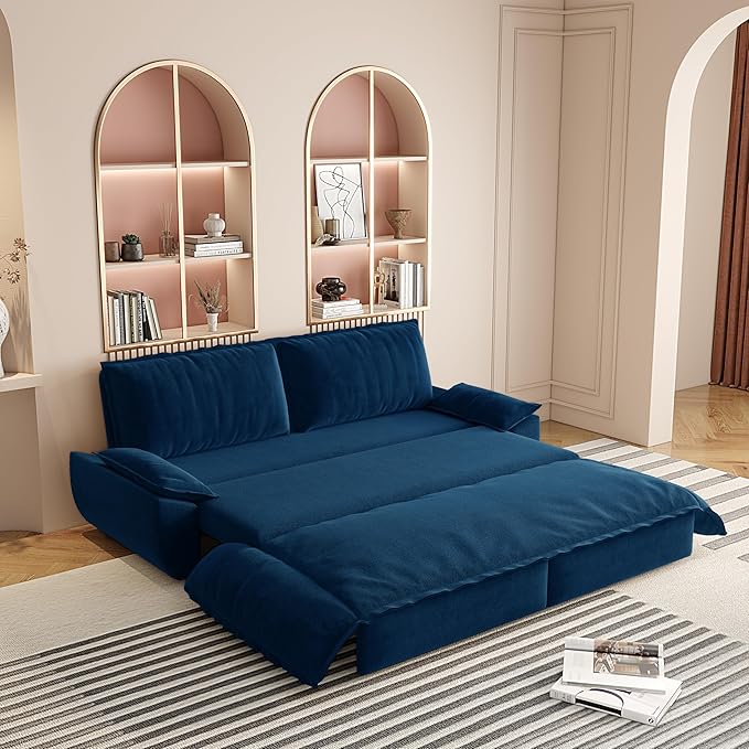 73.2" Sleeper Sofa Bed Queen Size, 3-in-1 Convertible Couch, Modern Pull Out Couches, Comfy Velvet Futon Sofa, Cloud Loveseat Lounge, Pillow Arm for Small Spaces, Living Room, Apartment, Blue