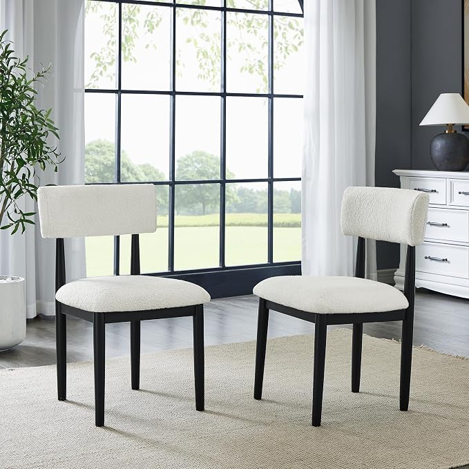 Roundhill Furniture Ellis Boucle Upholstered Dining Chairs, Set of 2, White/Matte Black