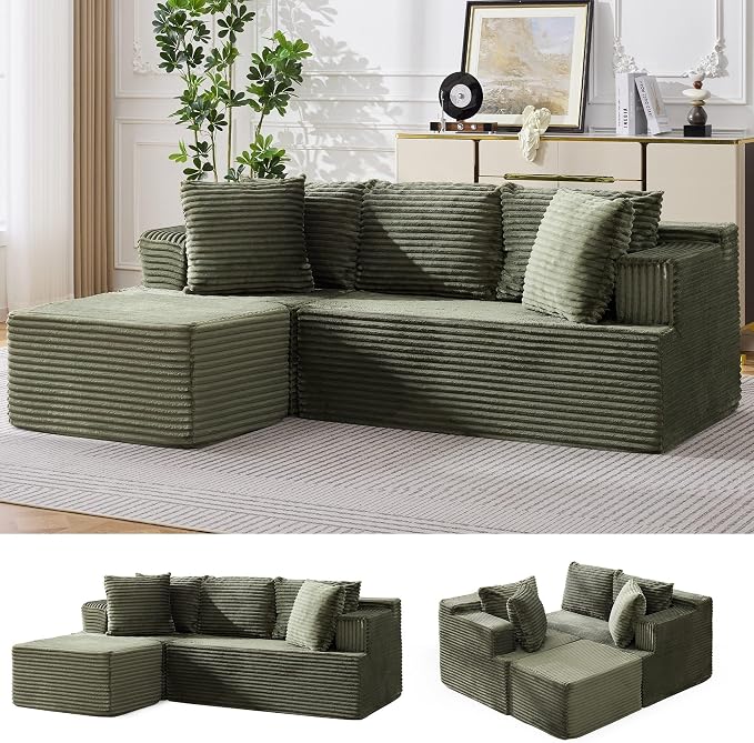 Korser Boneless Couches for Living Room, Cloud Couch Sectional with Ottoman, L-Shaped Sofa with Fluffy Comfy Corduroy Deep Seat, Bedroom, Apartment, No Assembly Required