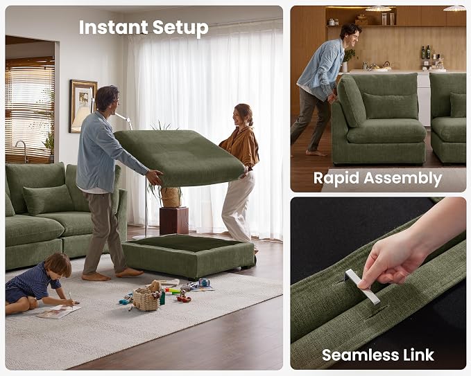 77" Oversized Chenille Couch Modular Sectional Sofa, Washable Cloud Couch Sectional with 2 Ottoman, 4 Seater Sectional Couches for Living Room, Fully Cover Removable, Chaise Lounge, Chenille, Green