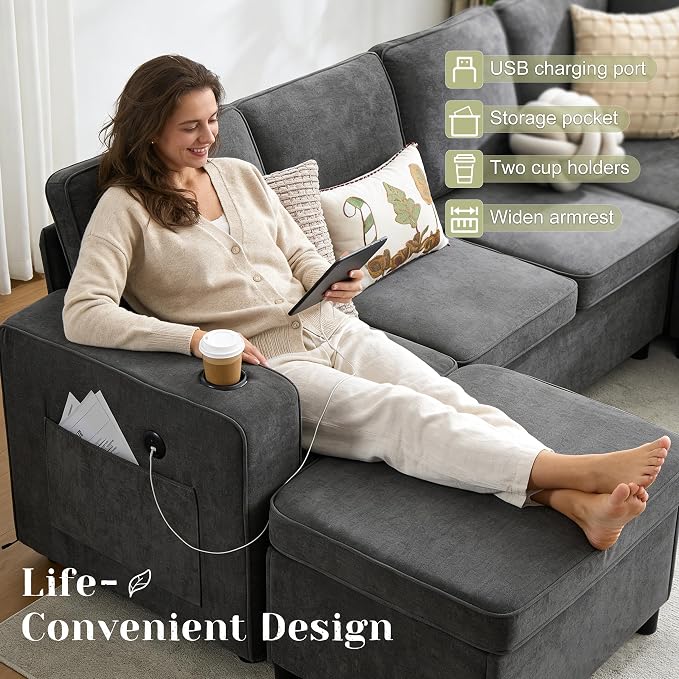 107 Inch Modular Sectional Sofa with Pull Out Bed, 7 Seat U Shaped Sectional Sleeper Sofa with Storage Ottoman, USB Port & 6 Pillows, Sectional Couches for Living Room & Apartment, Modular Couch, Grey