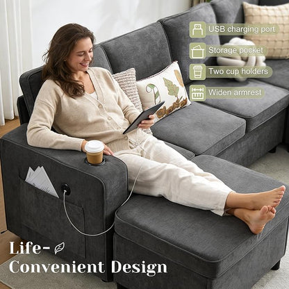 107 Inch Modular Sectional Sofa with Pull Out Bed, 7 Seat U Shaped Sectional Sleeper Sofa with Storage Ottoman, USB Port & 6 Pillows, Sectional Couches for Living Room & Apartment, Modular Couch, Grey