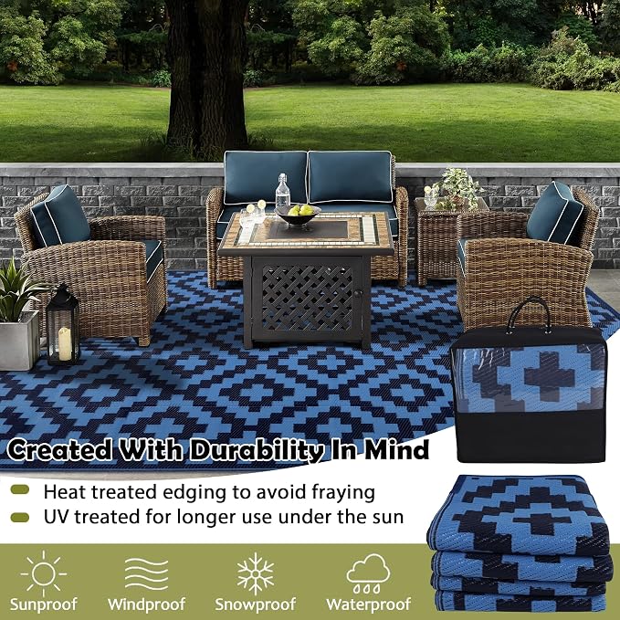 SAND MINE Reversible Mats, Plastic Straw Rug, Modern Area Rug, Large Floor Mat and Rug for Outdoors, RV, Patio, Backyard, Deck, Picnic, Beach, Trailer, Camping, Blue, 6' x 9'