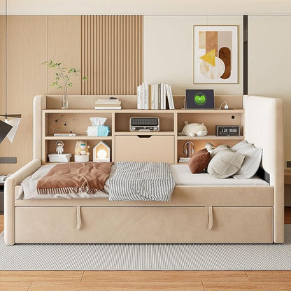 Merax Modern Upholstered Platform Bed Frame with USB Ports & Trundle Bed, Floor Sofa Day Bed with Storage Shelves, No Box Spring Needed/Easy Assemble/Twin, Beige