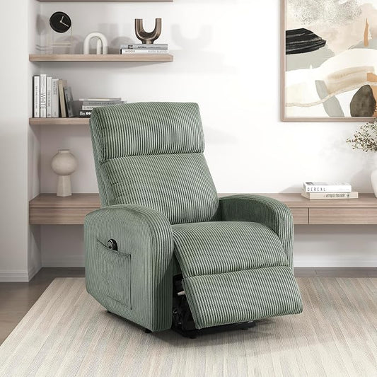 Lexicon Power Lift Recliner Chair for Elderly with Remote Control, Gentle Lift Motion, Side Pocket Armrest, Corduroy Upholstered Electric Recliner for Living Room/Bedroom, Easy Assembly, Green