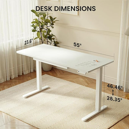 CubiCubi 55x24 Standing Desk with Glass Top, Height Adjustable Computer Desk with Drawer, One-piece Rising Home Office Desks with Positon Memory, Sit Stand Up Electric Workstation Table, White