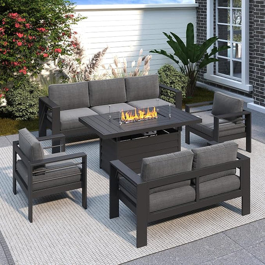 Solaste Aluminum Patio Furniture Set with 55" Fire Pit Table, 7 Seats Metal Outdoor Furniture with Water-Resistant Cushions, Modern Patio Conversation Set for Balcony, Front Porch, and Backyard, Grey