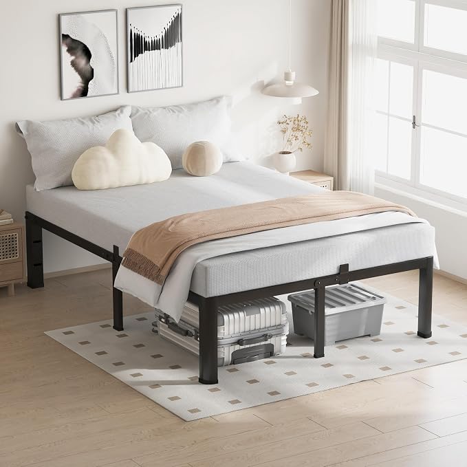 VIPSHOW 16 Inch Full Size Bed Frame, 3500Lbs Heavy Duty Metal Platform with Round Corner Legs Mattress Slide Stopper, Steel Slat Support No Box Spring Needed, Noise Free, Non-Slip, Easy Assembly