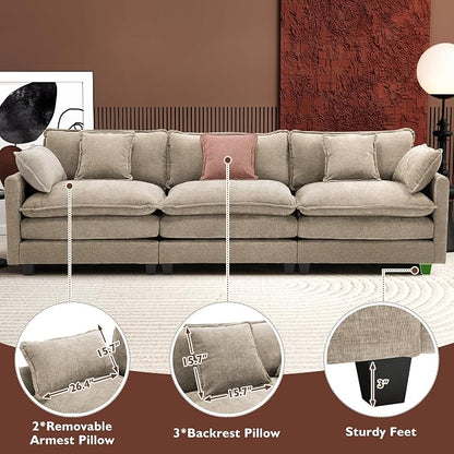 Ihanherry 111.4 Inch 3-Seater Cloud Sofa, Modular Sectional Couch, Modern Deep Seat Sofa for Living Room, Comfy Double Layer Upholstered Seat Cushion, Breathable Chenille Fabric,Sand