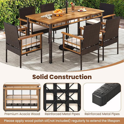 Tangkula 7 Pieces Wicker Patio Dining Set, Outdoor Acacia Wood Rectangular Table with 1.97” Umbrella Hole and Cushioned Chairs, Outside Conversation Furniture Set for Deck, Garden and Backyard