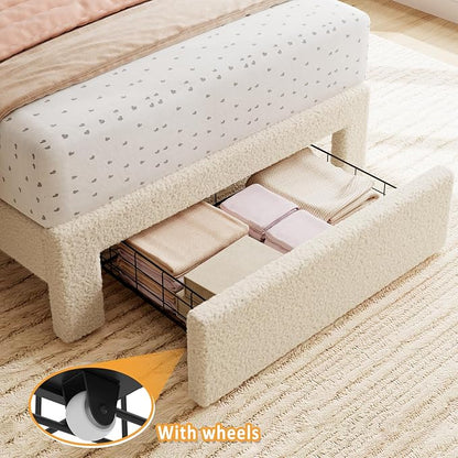 GarveeHome Twin Bed Frame with Under-Bed Drawer, Upholstered Platform Bed with Wave Headboard for Kids/Girls, Wooden Slats Support, No Box Spring Needed, Boucle Beige, 2 Sets