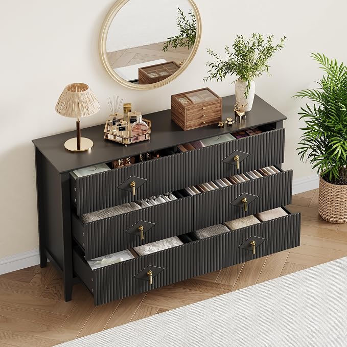 GarveeHome Fluted Dresser for Bedroom, 54 Inch Wide 6-Drawer Wood Dresser, Modern Chest of Drawers, Storage Organizer Cabinet for Living Room, Hallway, Entryway, Black