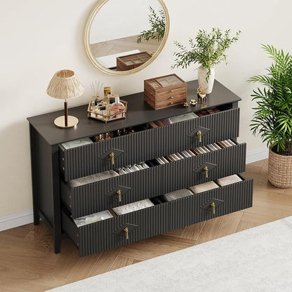 GarveeHome Fluted Dresser for Bedroom, 54 Inch Wide 6-Drawer Wood Dresser, Modern Chest of Drawers, Storage Organizer Cabinet for Living Room, Hallway, Entryway, Black