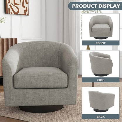 360° Swivel Barrel Accent Chair Upholstered Armchair, Modern Round Club Arm Chair Living Room Single Sofa Seating Bedroom Side Reading Seat in Fabric, Flax Khaki