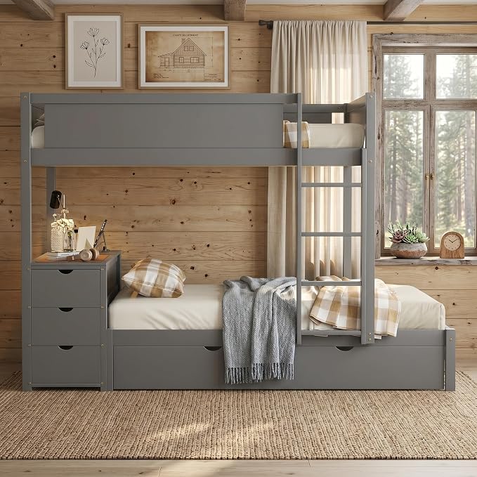 Harper & Bright Designs Full Over Full Bunk Bed with Twin Size Trundle, Wood Full Bunk Bed with USB Ports, Storage and Desk, Gray