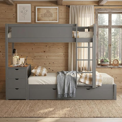 Harper & Bright Designs Full Over Full Bunk Bed with Twin Size Trundle, Wood Full Bunk Bed with USB Ports, Storage and Desk, Gray