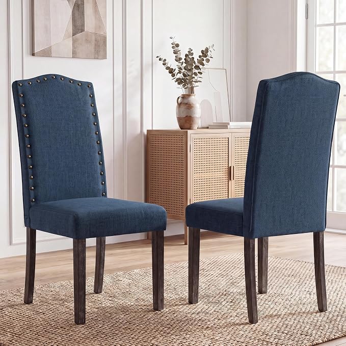 LSSBOUGHT Dining Chairs Set of 2,Upholstered Parsons Dining Room Chairs Fabric Kitchen Chairs with Solid Wood Frame and Nailhead Trim(Blue)